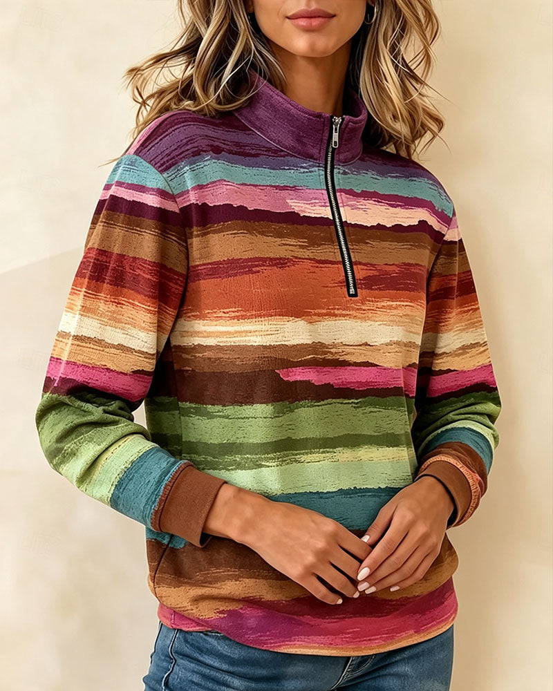 Vintage Colorful Striped Half Zip Stand Collar Long Sleeve Sweatshirt