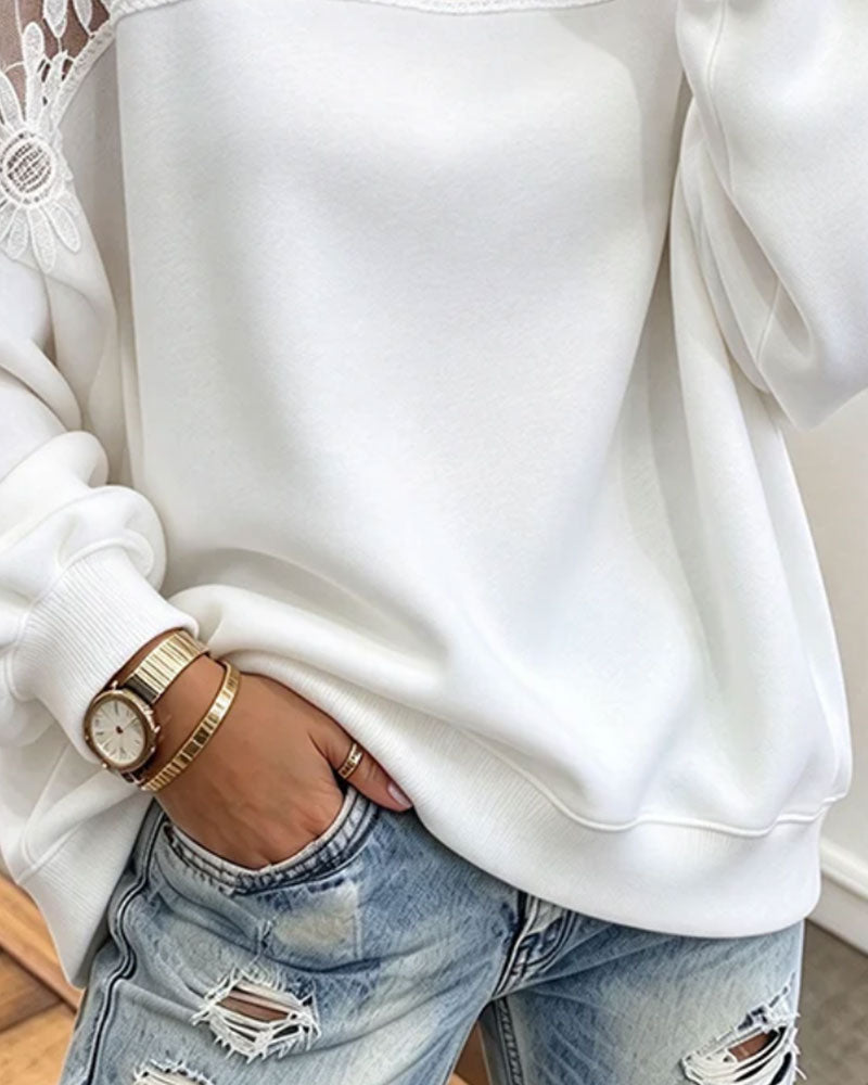 Round Neck Sunflower Lace Patchwork Sweatshirt