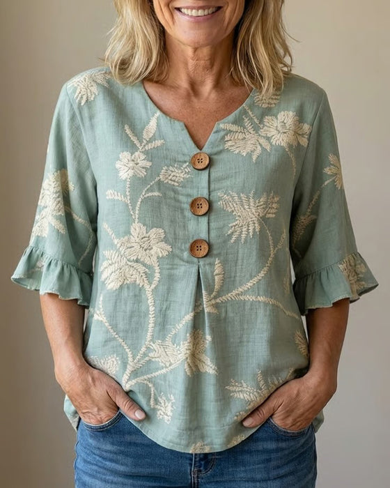 Ruffle Sleeve Three-Button Loose Fit Blouse