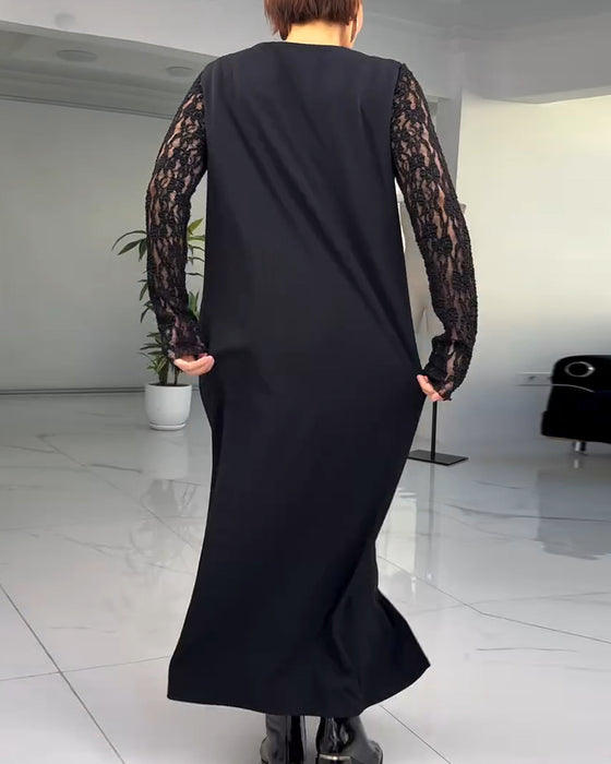 European And American Lace Stitching Slit Dress