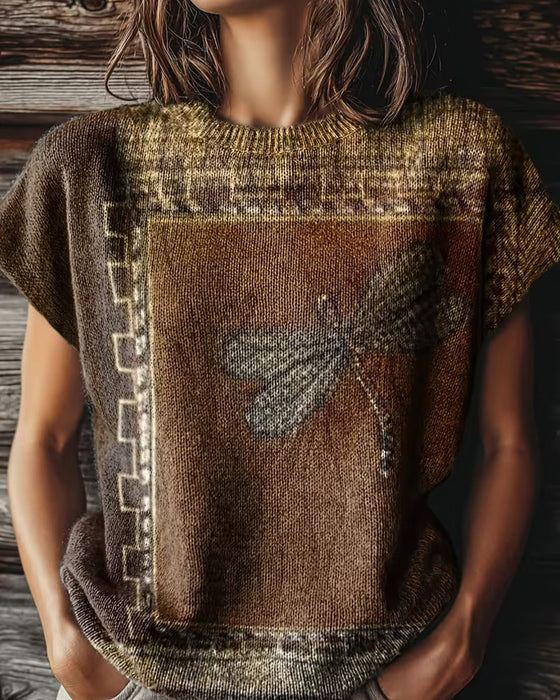 Dragonfly Print Round Neck Short Sleeve Pullover