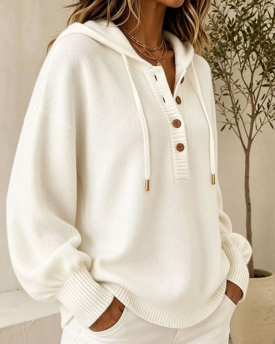 Hooded Button Lantern Sleeve Drawstring Sweater Pullover