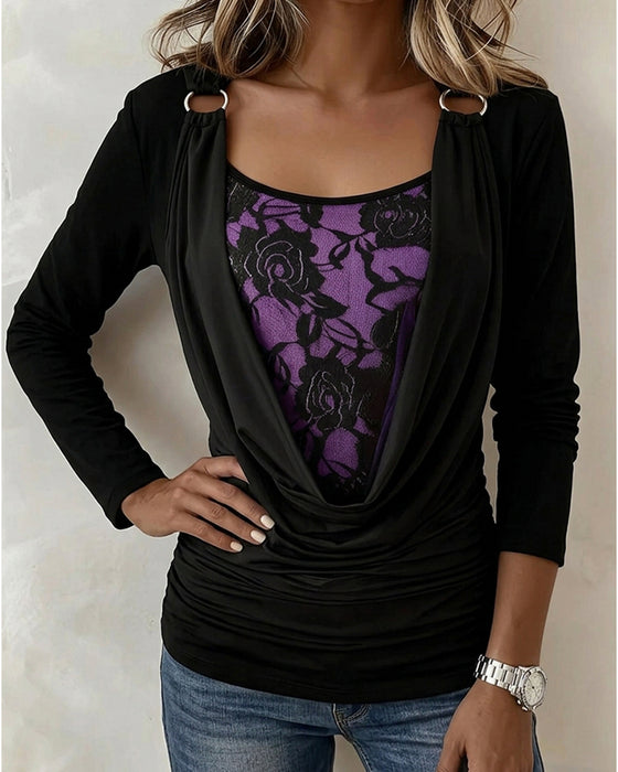 Mock Neck Metal Ring Floral Mock Two-Piece Top
