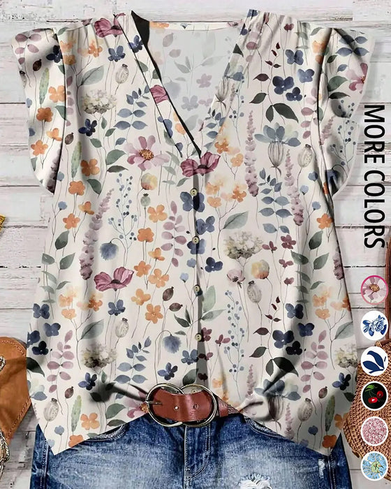 V-Neck Printed Ruffle Sleeves Blouse