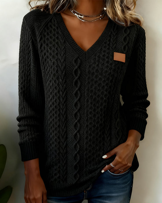 Leather Label V-Neck Long-Sleeve Sweatshirt