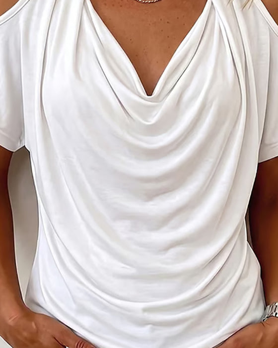 Halter Off-Shoulder Draped Short Sleeve T-Shirt