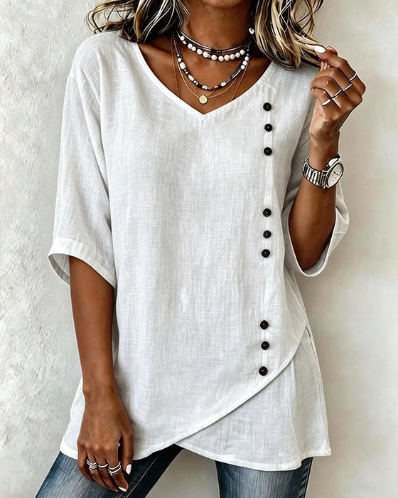 Button Asymmetrical Placket V-Neck Irregular Hem Blouse