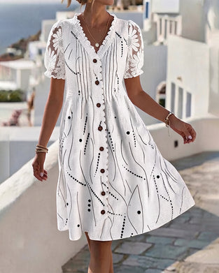 Bubble Sleeve Lace Patchwork Print Dress