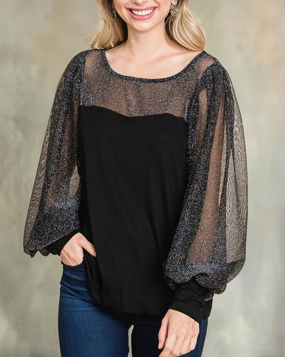 Sheer Puff Sleeve Panel Relaxed Blouse