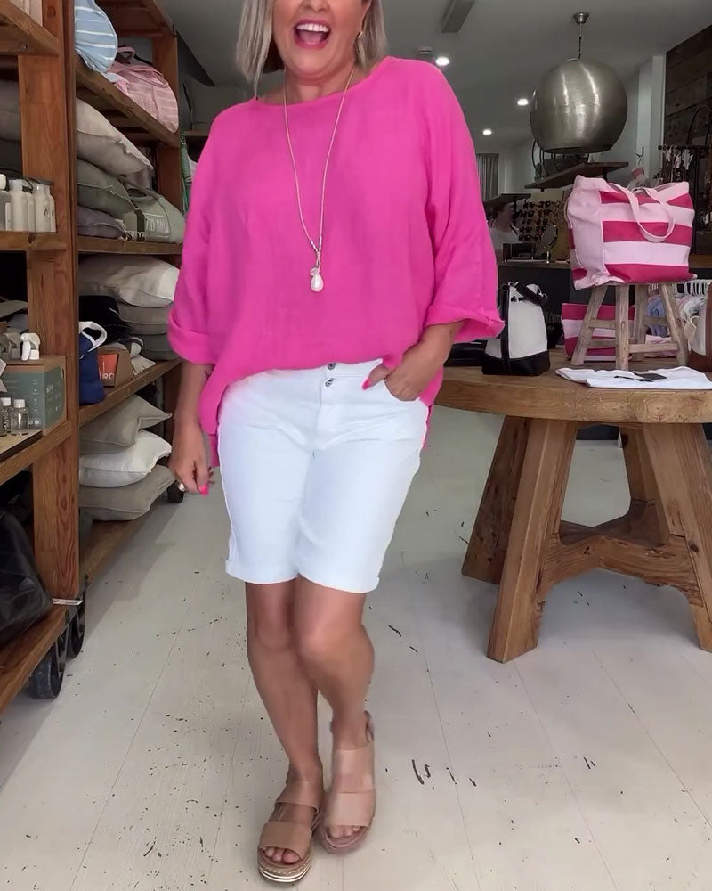 Pure Color Crew Neck Cotton Linen Top