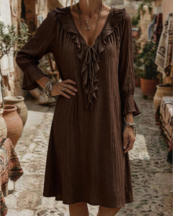 Ruffle Collar Tie Three Quarter Sleeve Dress