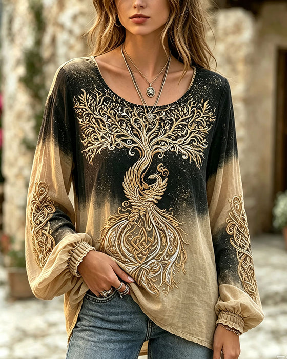 Round Neck Gradient Bubble Sleeve Top