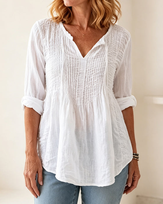 V-Neck Drawstring Solid Blouse
