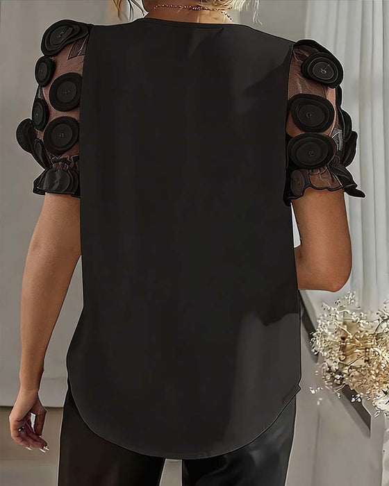 Puff Sleeve Mesh V-Neck Blouse