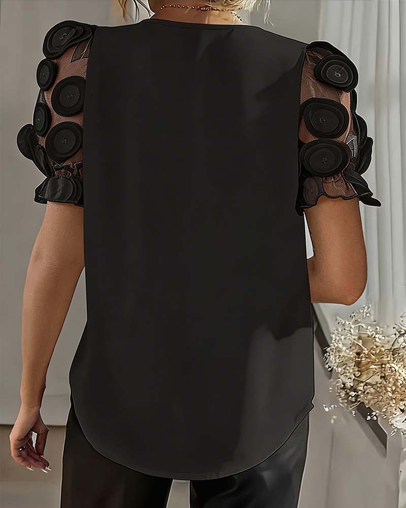 Puff Sleeve Mesh V-Neck Blouse