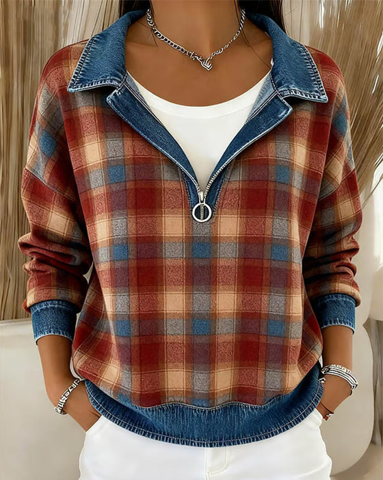 Women'S Casual Lapel Denim Patchwork Plaid Print Pullover Sweatshirt