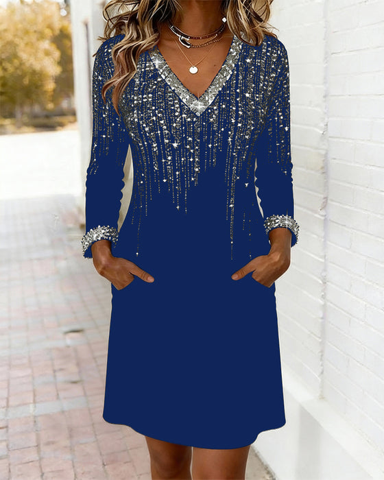 Shimmering V-Neck Long-Sleeved Dress
