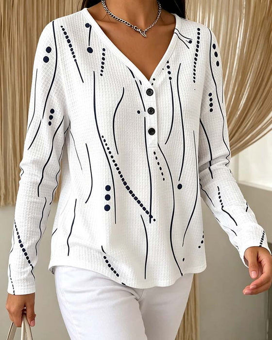 V-Neck Button Long Sleeve Top