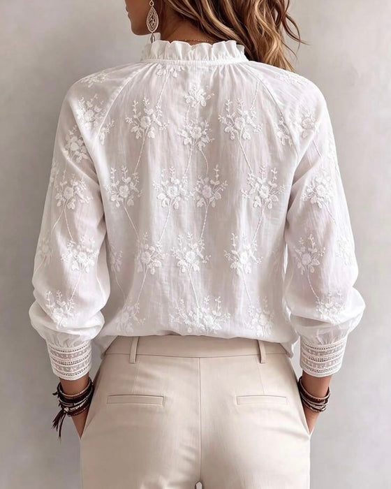 Ruffle Edge Mandarin Collar Blouse