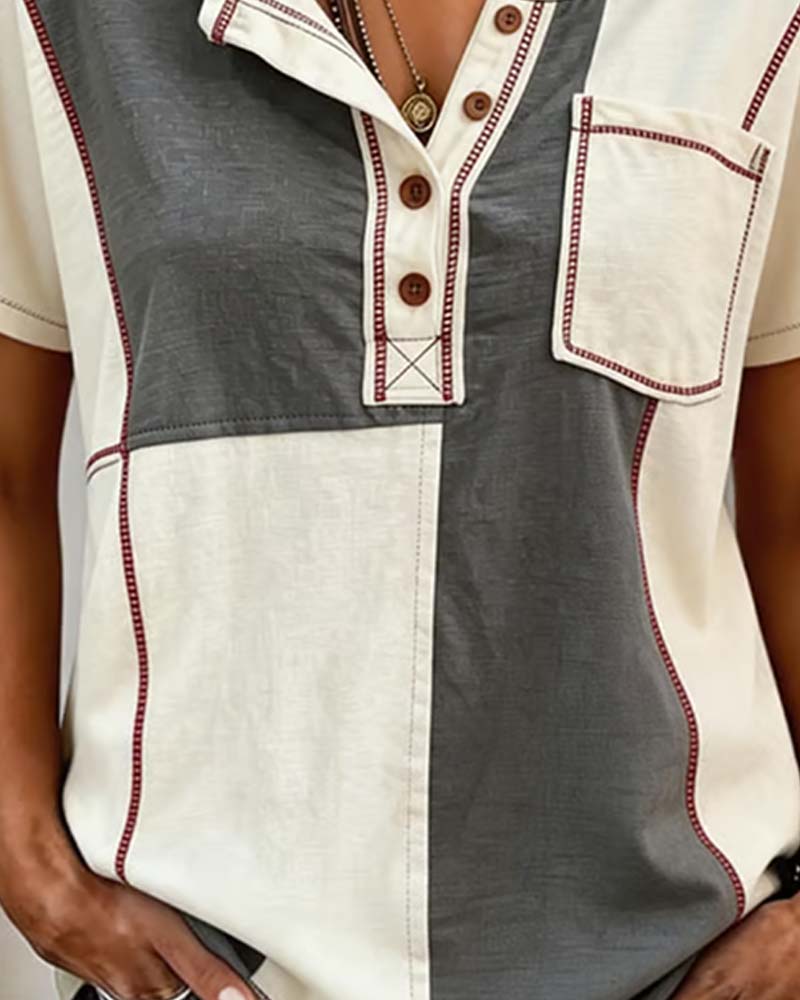 Contrast Color Crew Neck Button Patchwork T-Shirt