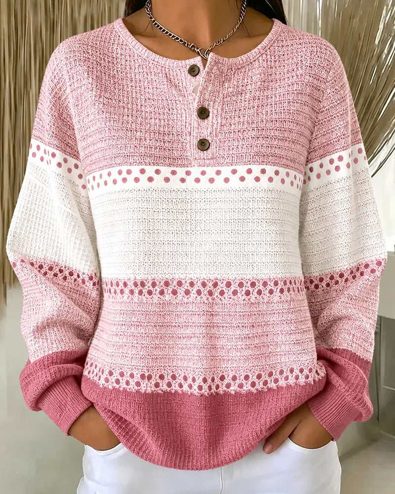 Color Block Waffle Knit Henley Pullover Sweatshirt