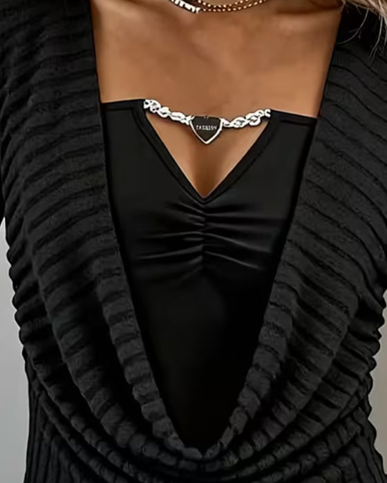 Faux Two-Piece Cowl Neck Long Sleeve Top