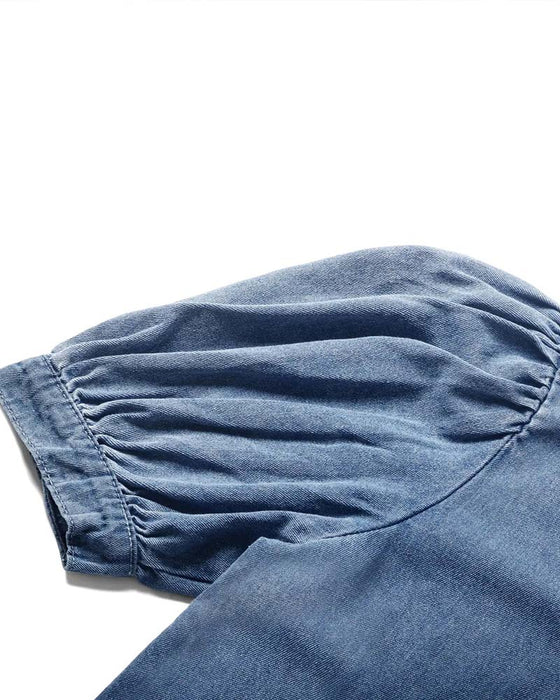 Snap Button Denim Lantern Sleeve Loose Shirt
