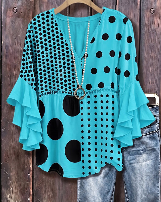 Mixed Polka Dot Patchwork Ruffle Blouse