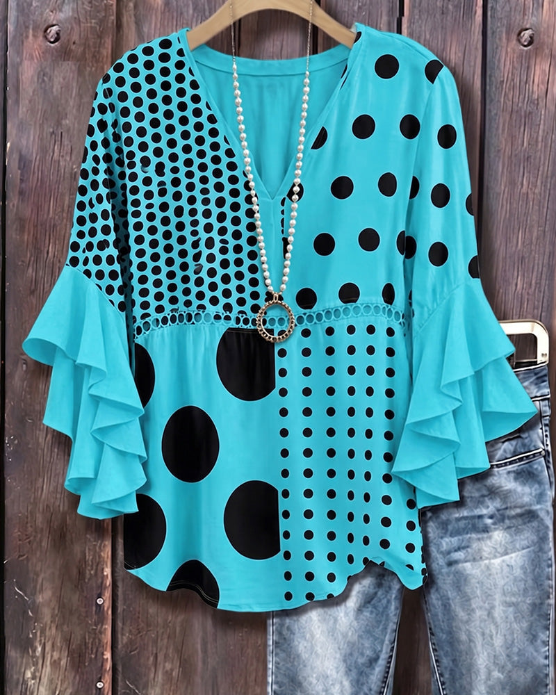 Mixed Polka Dot Patchwork Ruffle Blouse