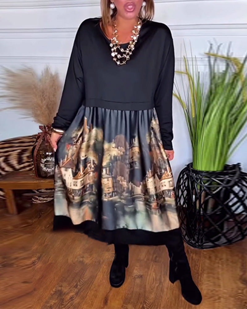Casual Printed Long-Sleeved Dress