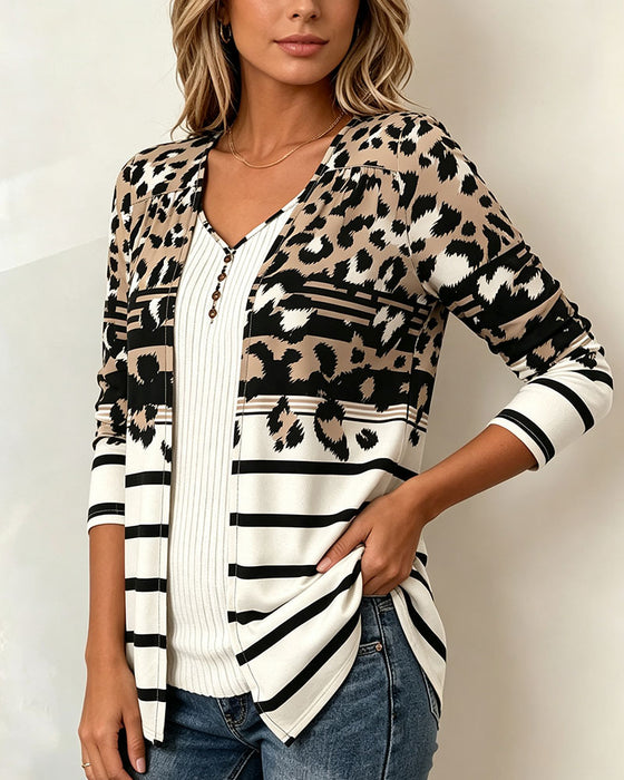 V-Neck Striped Leopard Print Fake Two-Piece Top