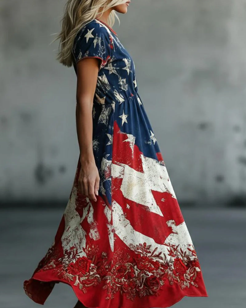 Flag Crew Neck Waist A-Line Dress
