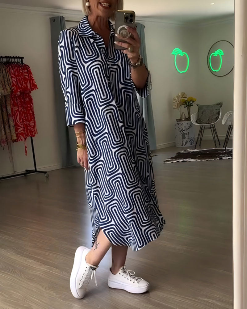 Lapel Geometric Print Loose Dress