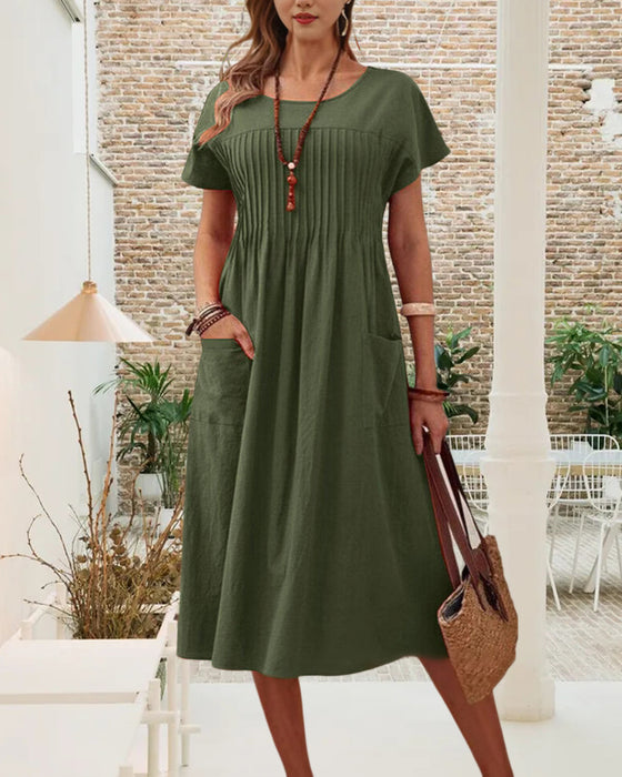 Pleated Short Sleeve Cotton And Linen Dress