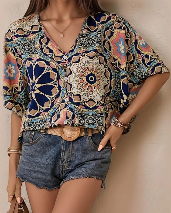 Retro printed V-neck button half sleeve blouse