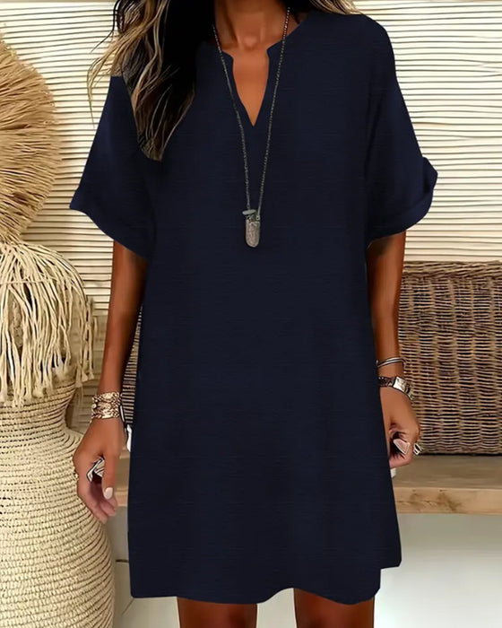 V-Neck Short Sleeve Solid Sheath Dress