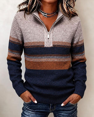 Lapel Zipper Striped Contrast Pullover