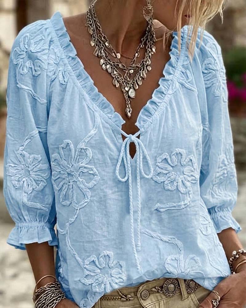 100% Cotton V-Neck Wrap Tie Ruffled Blouse