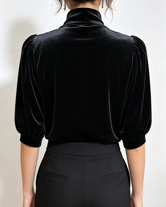 Stand Collar Shirred Puff Sleeve Top