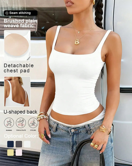 Solid Color Square Neck Built-In Bra Tank Top