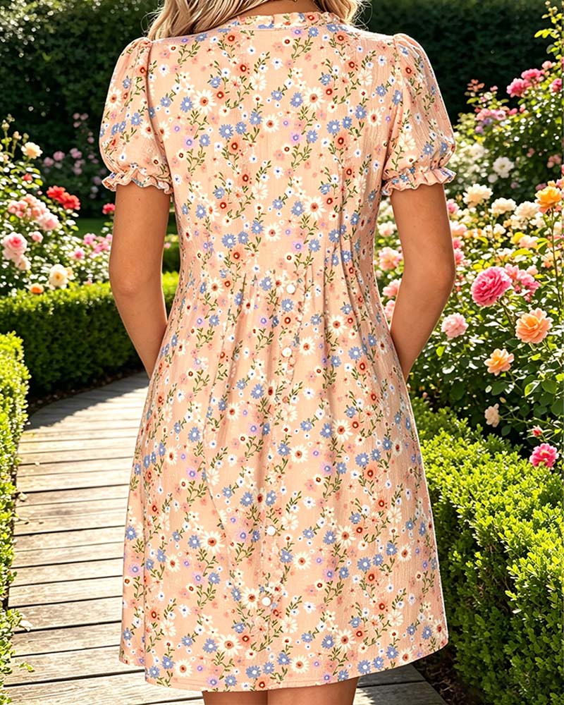 Floral V-Neck Bubble Sleeve Shirred Dress