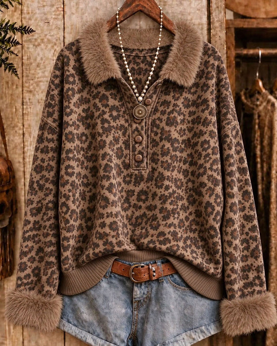 Lapel Buttoned Leopard Print Long-Sleeved Sweatshirt