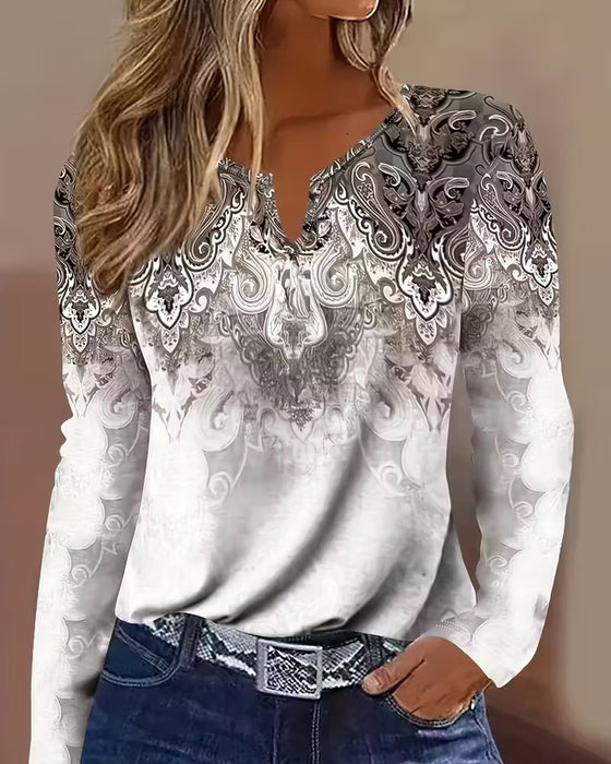 Small V-Neck Printed Long-Sleeved Top