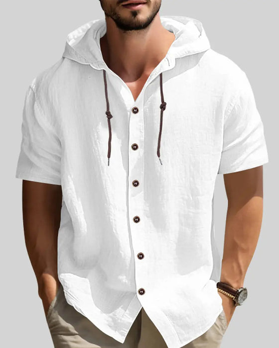 Button Drawstring Hooded Solid Men's Shirt