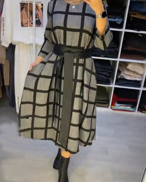 A-Line Plaid Dress with Round Neck