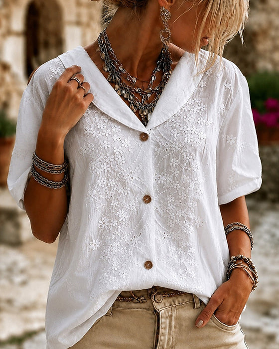 Lapel Button Three-Dimensional Floral Blouse