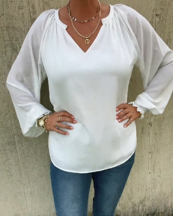 Smocked Long-sleeved V-neck Casual Top
