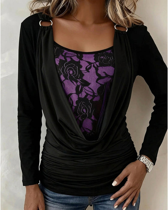Mock Neck Metal Ring Floral Mock Two-Piece Top