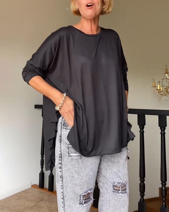 Solid color round neck casual blouse