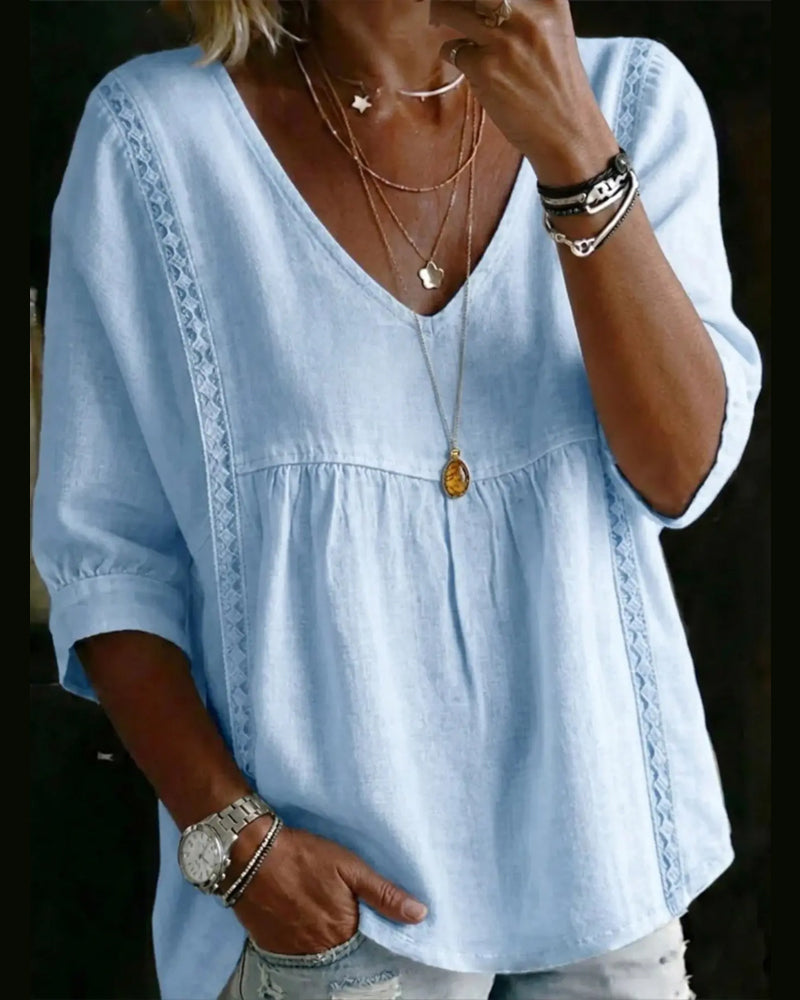 V-Neck Lace Hollow Pleated Blouse